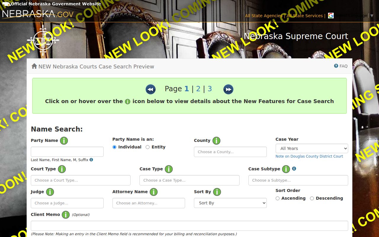 Buffalo County case lookup name and filter fields in the official JUSTICE search