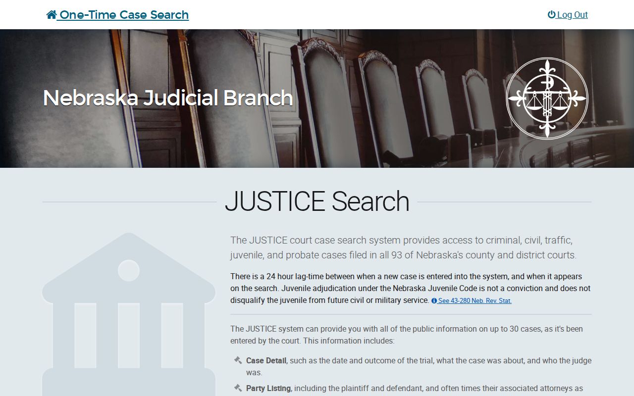 Buffalo County case lookup through the official JUSTICE search entry screen