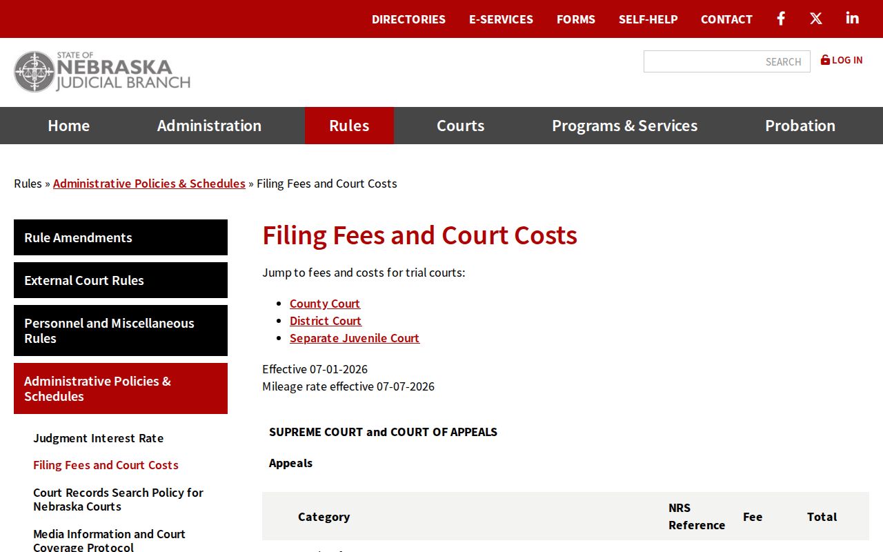 Buffalo County civil docket search image of Nebraska court filing fee schedule