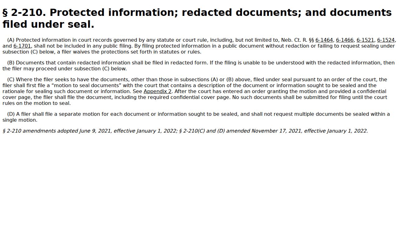 Buffalo County civil docket search image of Nebraska protected information and redaction rules