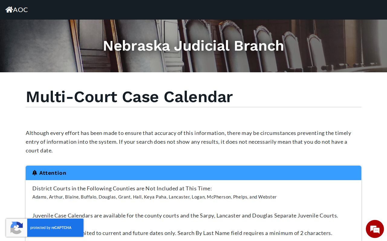 Buffalo County court dates image of the Nebraska Multi-Court Case Calendar search form