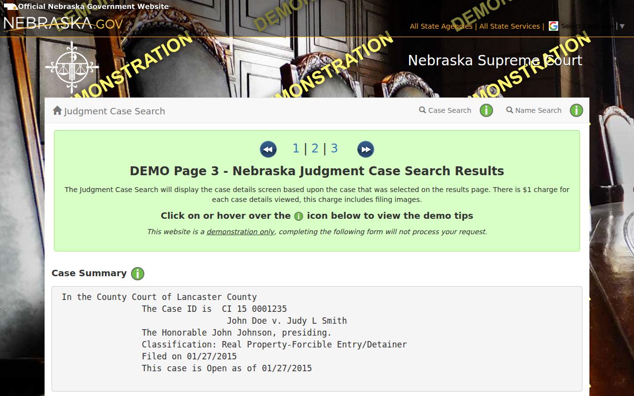 Buffalo County criminal docket Register of Actions sample interface
