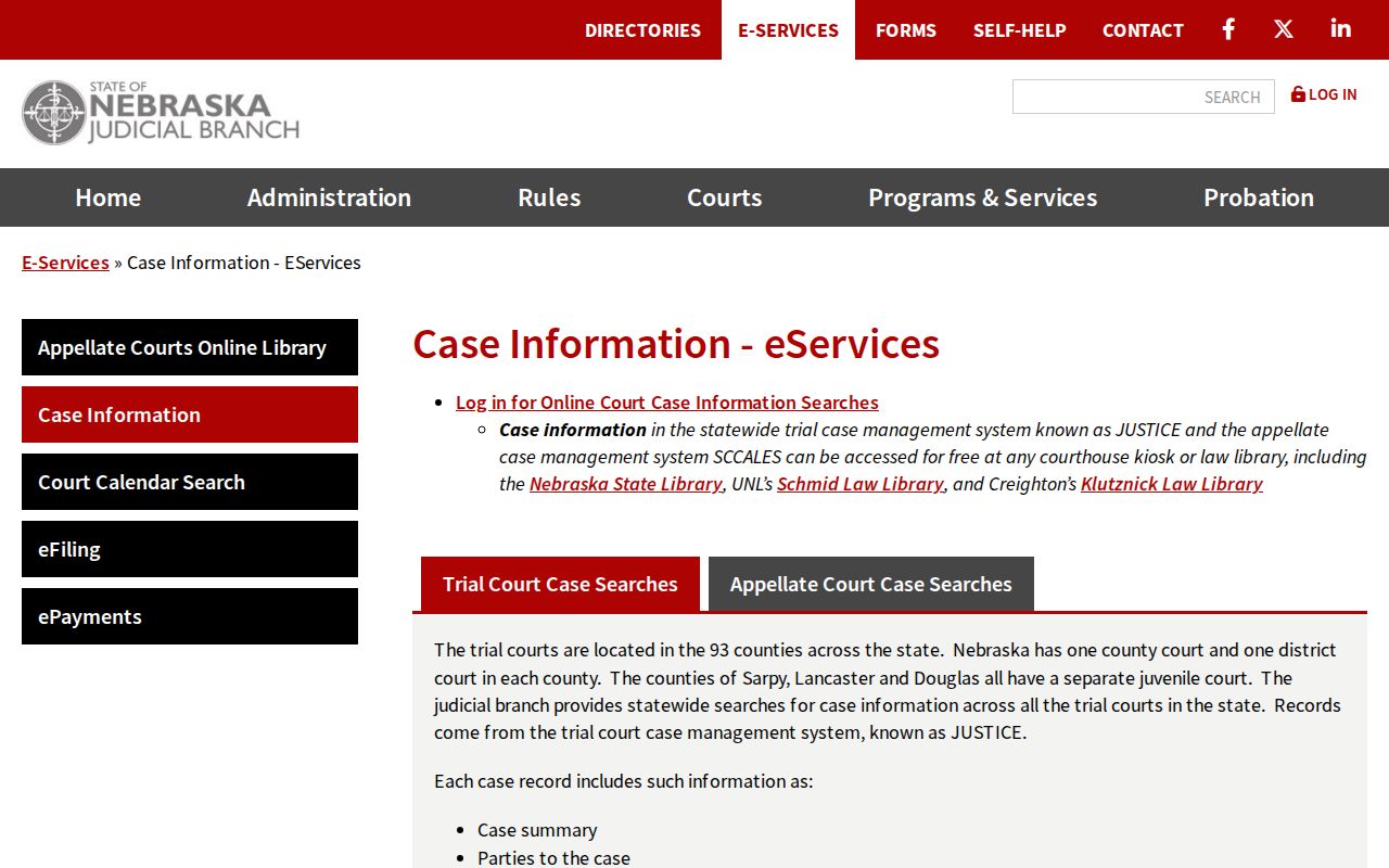Buffalo County court docket case information interface
